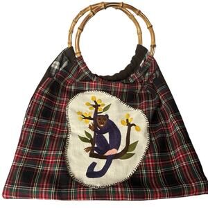 MayaBags Monkey Purse Whimsical, Bamboo Handle Plaid, Handmade Quirky Weird Cute